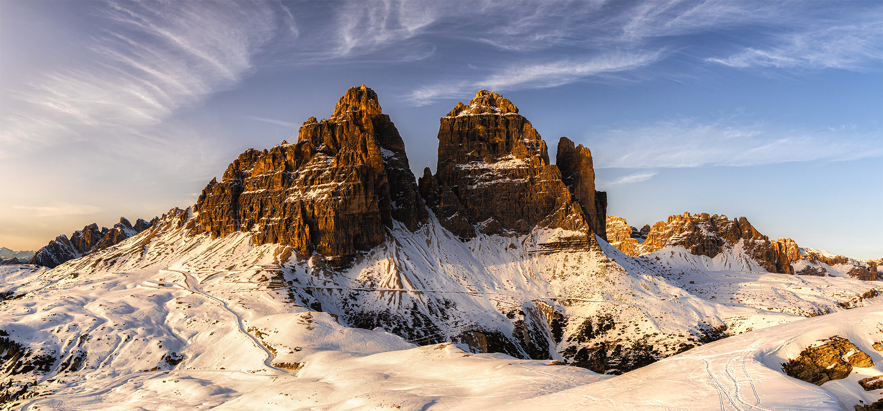 The peaks were wrapped in soft hues at Tre Cime